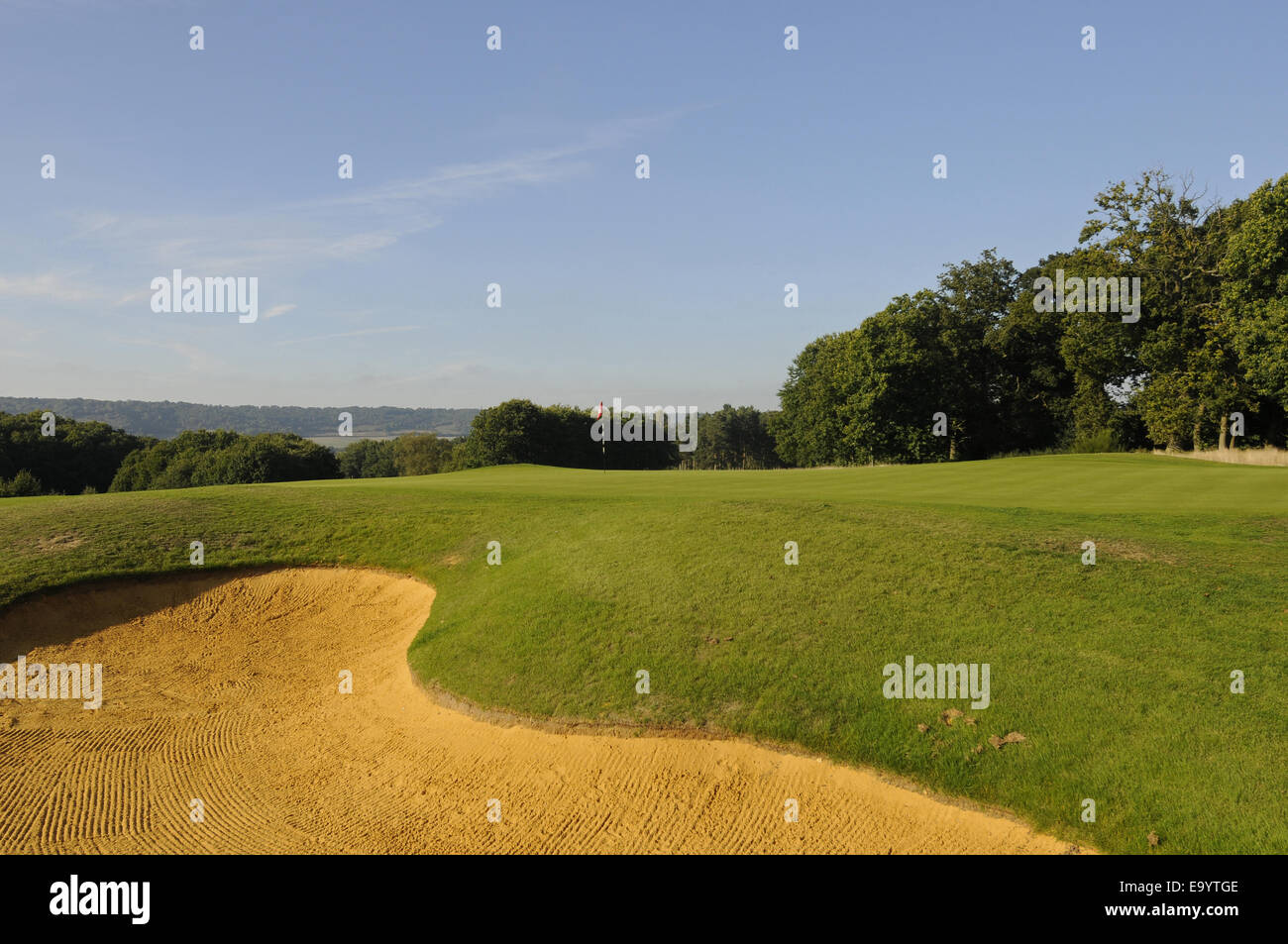 View of the 8th Green and Bunker and the North Downs Wrotham Heath Golf