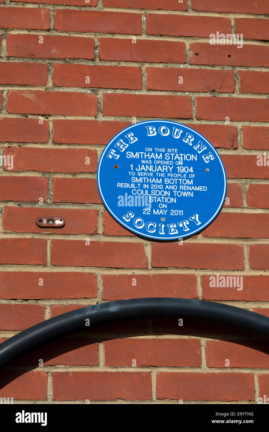 Bourne Society plaque at Coulsdon Town (formerly Smitham) railway station, Coulsdon, Surrey Stock Photo