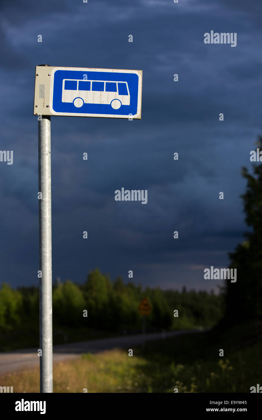 Finnish isolated bus stop sign  ( long range buses ) , Finland Stock Photo