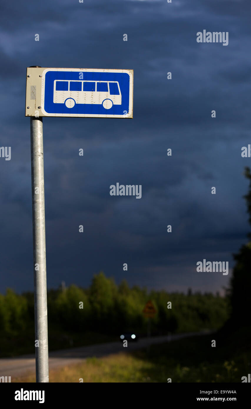 Finnish bus stop sign ( long range buses ) , Finland Stock Photo