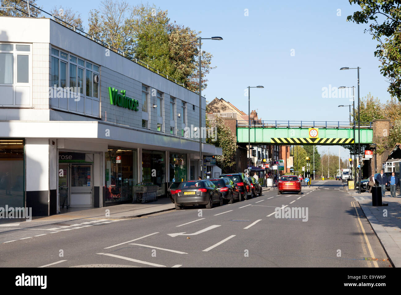 Brighton Road with Waitrose store and railway bridge, Coulsdon, Surrey Stock Photo