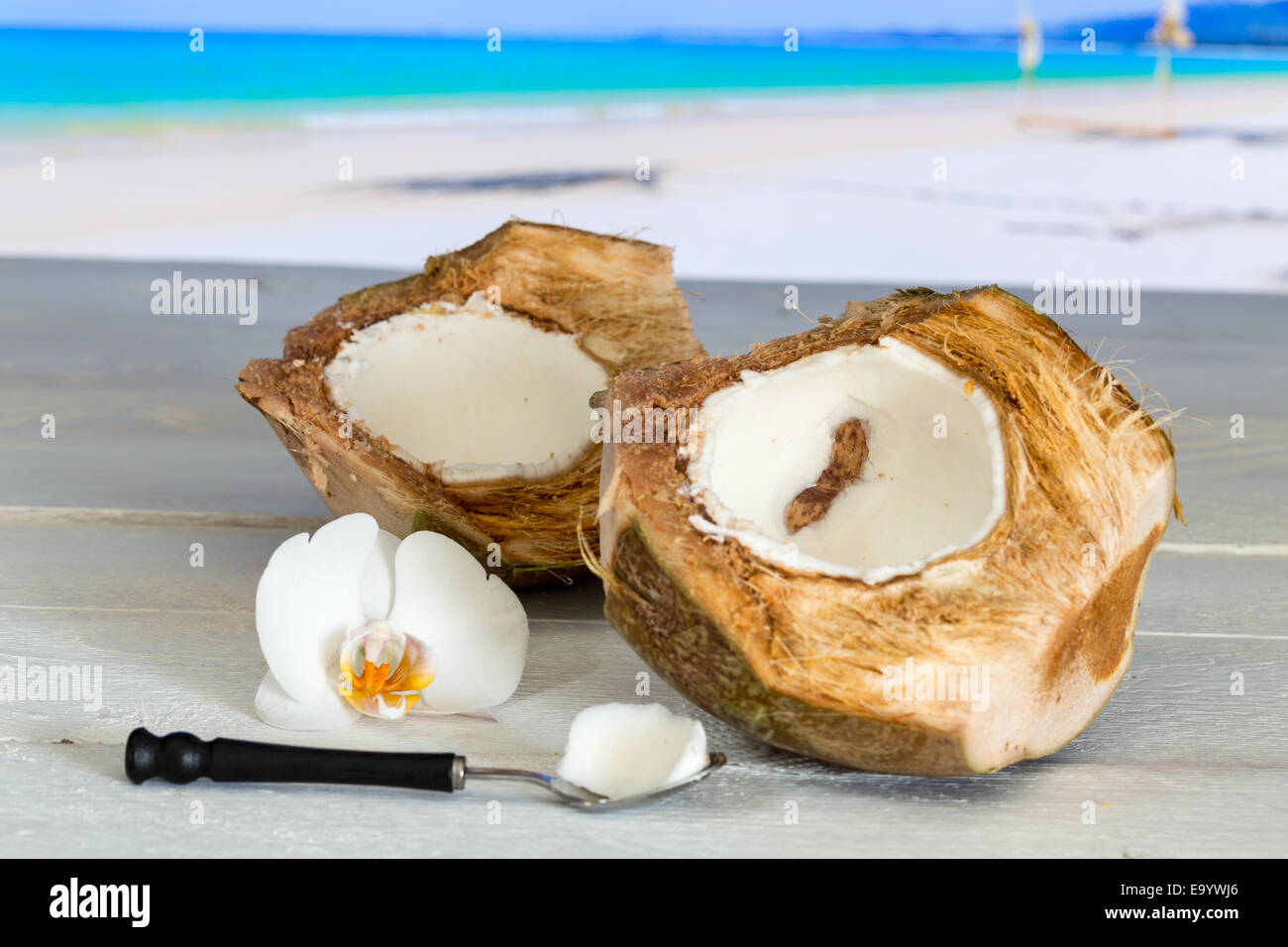 Coconut at beach with bucket and orchid. Stock Photo