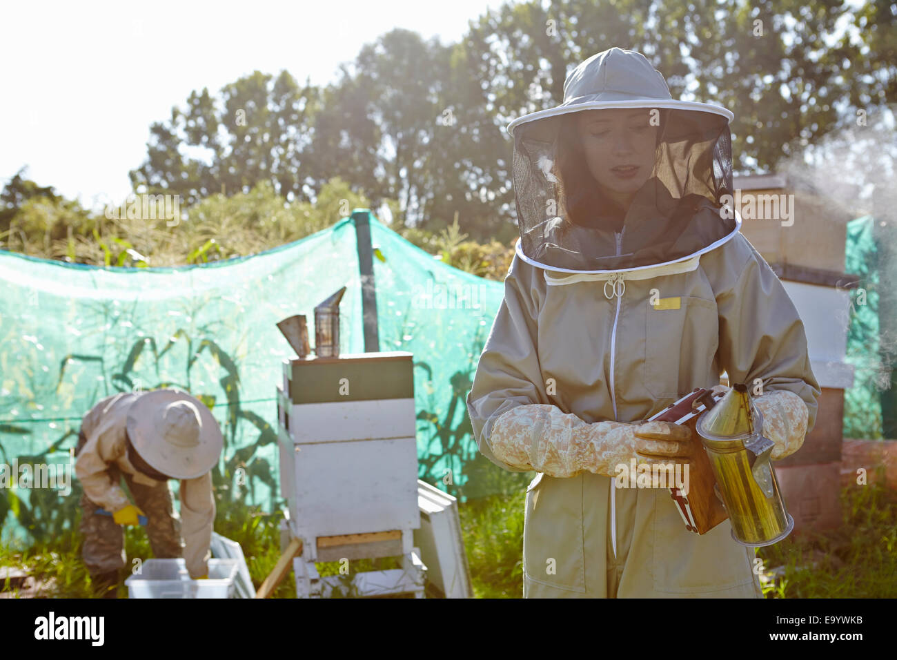 Female beekeepers working on city allotment Stock Photo