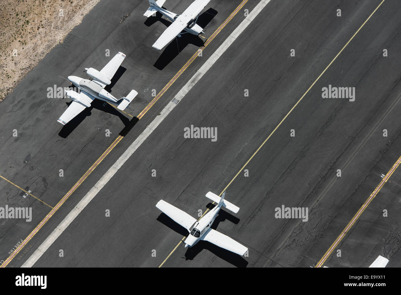Aerial view of three airplanes on runway, St Kilda, Melbourne, Victoria, Australia Stock Photo
