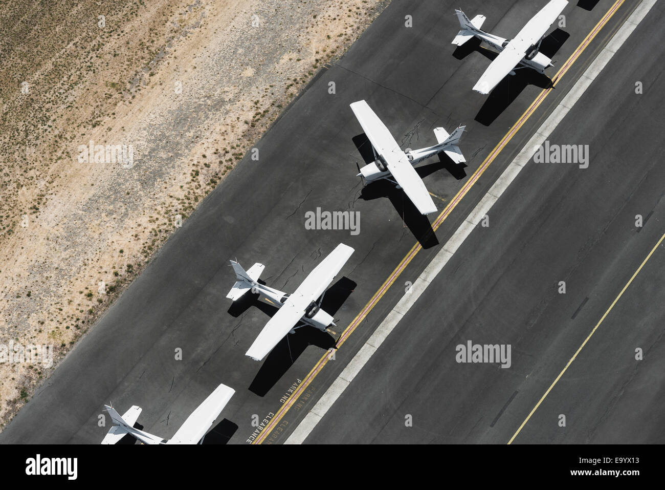 Aerial view of four airplanes on runway, St Kilda, Melbourne, Victoria, Australia Stock Photo