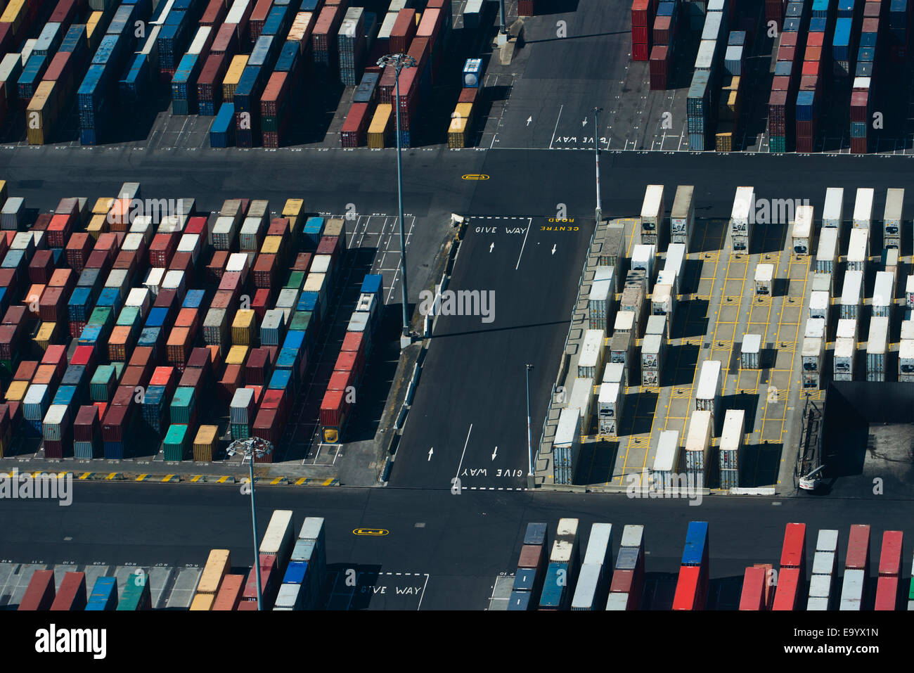 Aerial view of rows multi colored stacked cargo containers, Port Melbourne, Melbourne, Victoria, Australia Stock Photo