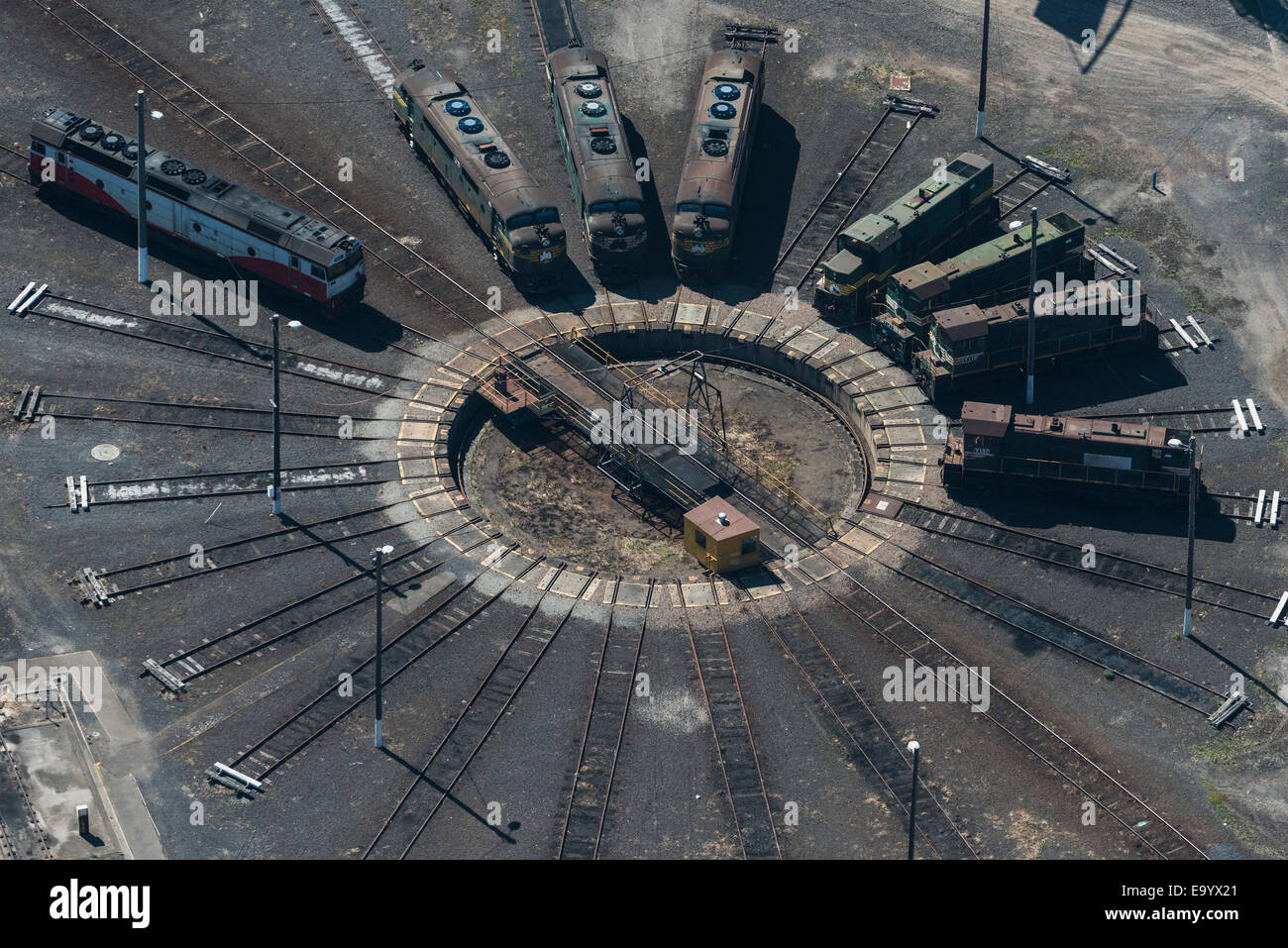 Aerial view of trains on turntable, Port Melbourne, Melbourne, Victoria, Australia Stock Photo