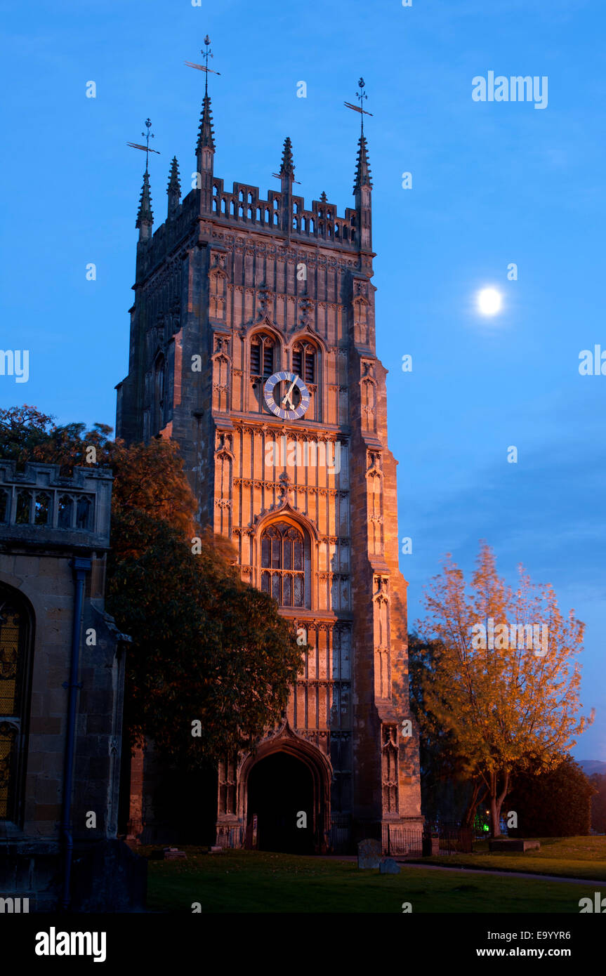 The Abbey bell tower at dusk, Evesham, Worcestershire, England, UK