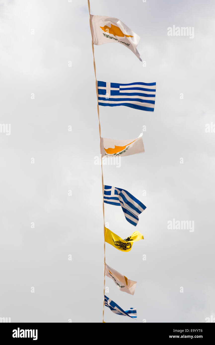 Cyprus Independance Day bunting with flags from Cyprus, Greece, and St Lazarus. Stock Photo