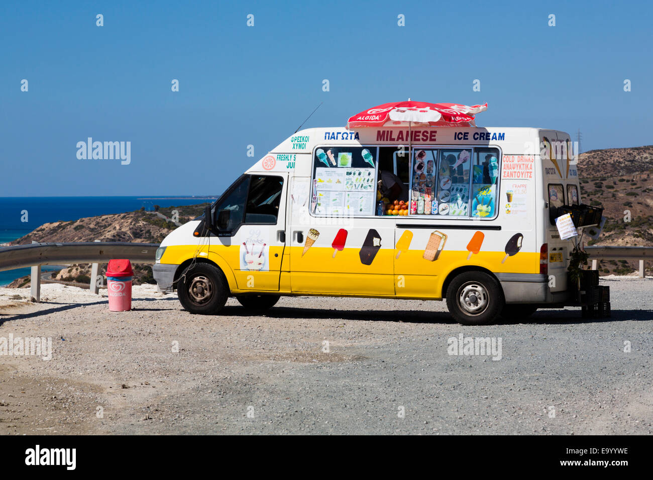 Cypriot ice cream van on the side of the road overlooking Aphrodites