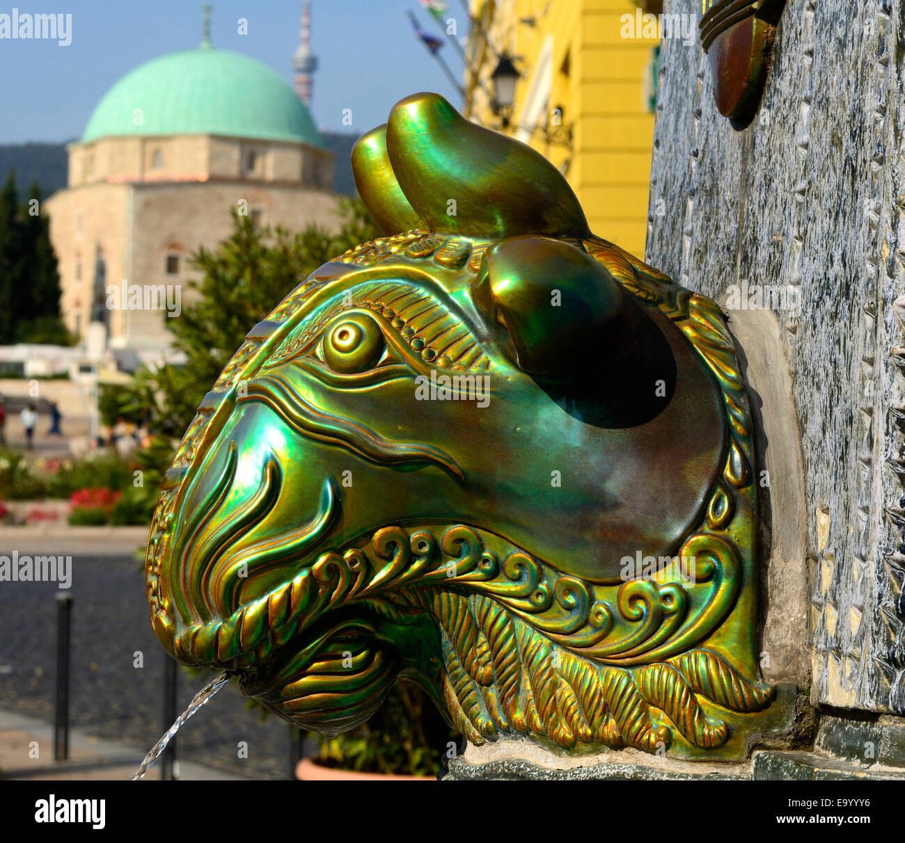 Bull's head, Vilmos Zsolnay memorial fountain. Pecs Hungary Baranya county South Transdanubia. Detail. Stock Photo