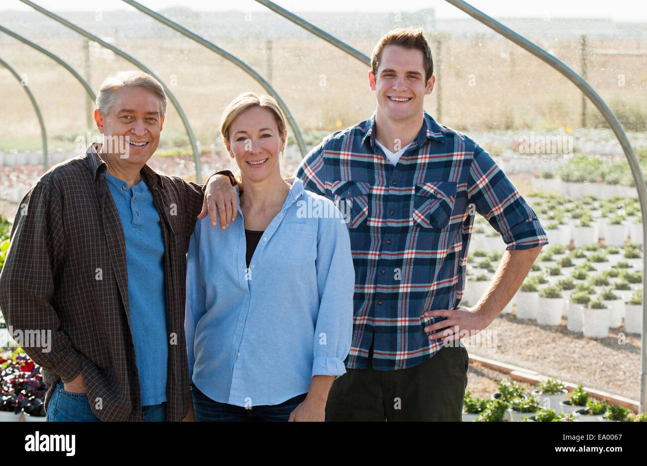 Portrait of three workers in plant nursery polytunnel Stock Photo
