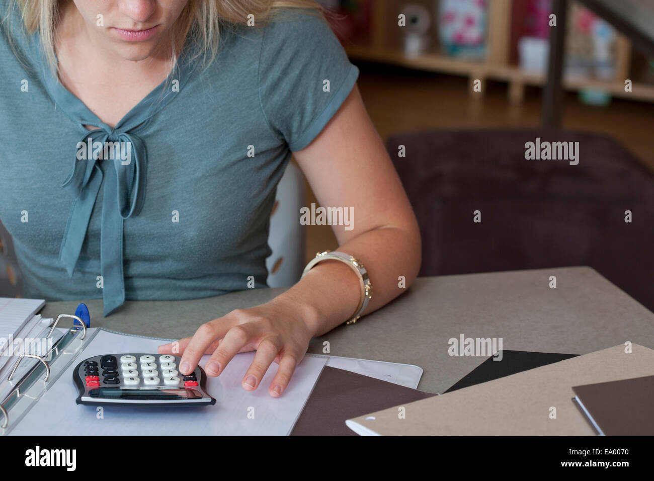 Cropped image of sales assistant using calculator in stationery shop Stock Photo