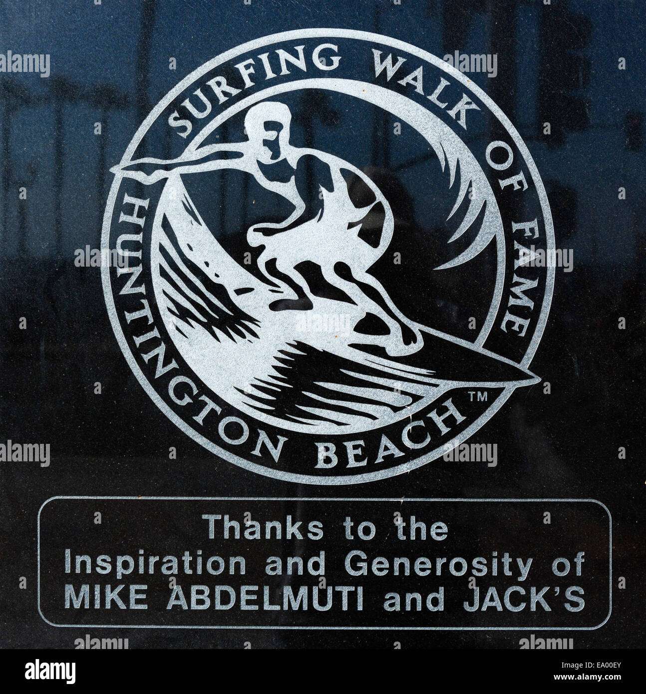 Plaque commemorating Surfing Walk of Fame at corner of Pacific Coast Highway and Main Street, Huntington Beach, California, USA Stock Photo