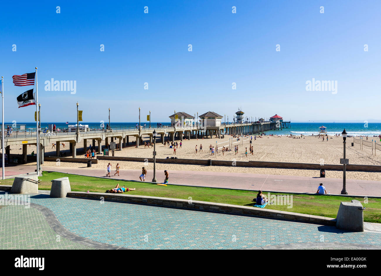 The pier and beach in downtown Huntington Beach, Orange County, California, USA Stock Photo