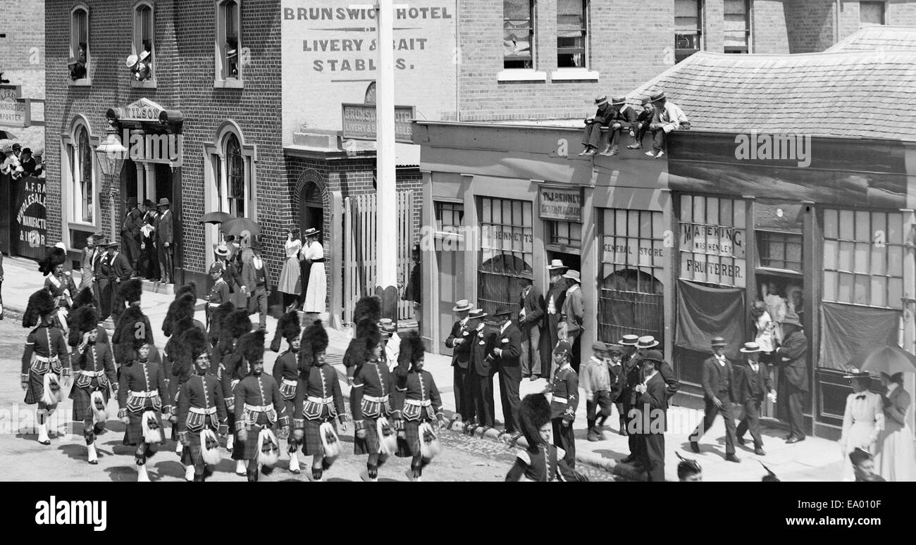 Procession in Liverpool Street Hobart - Brunswick Hotel in background (c1900) Procession in Liverpool Street Hobart - Brunswick  Stock Photo