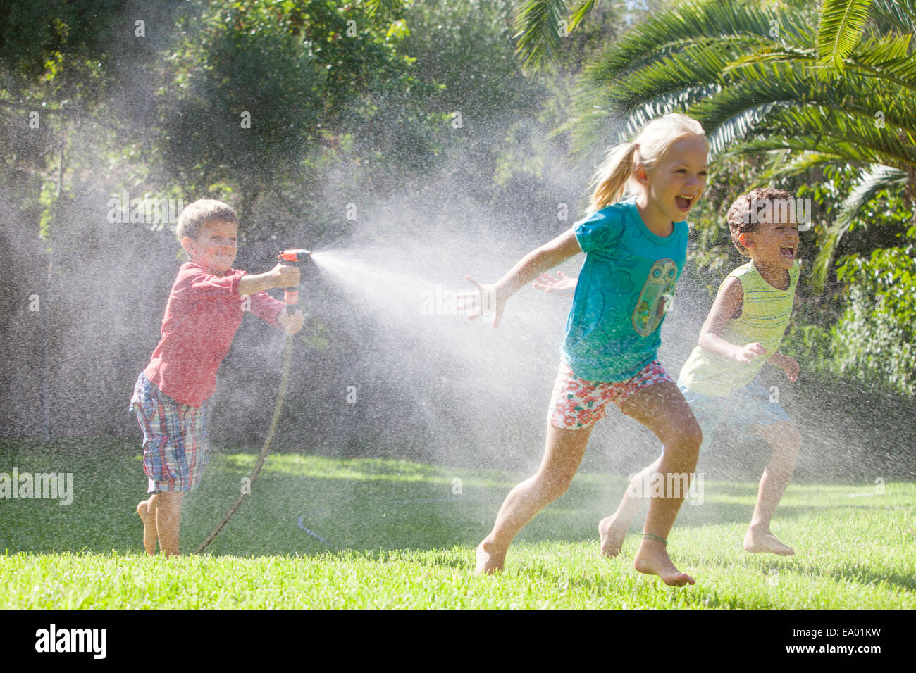 Three children in garden chasing each other with water sprinkler Stock Photo