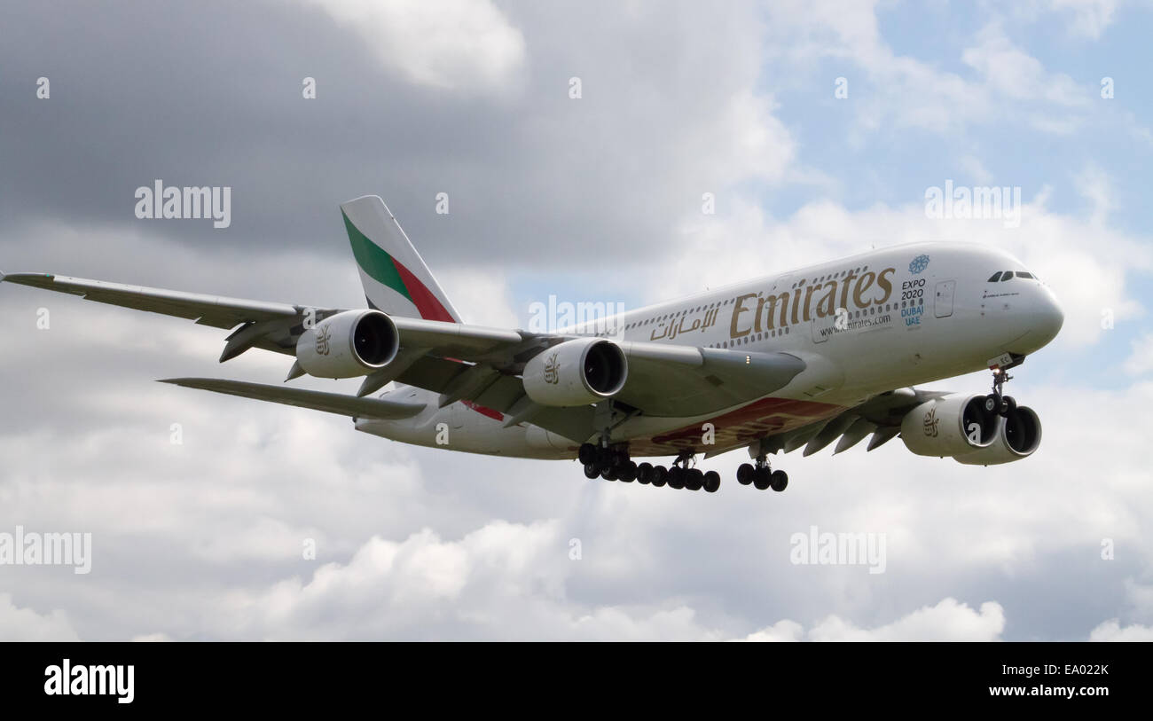 Emirates Airbus A380-800, landing to Manchester International Airport. Stock Photo