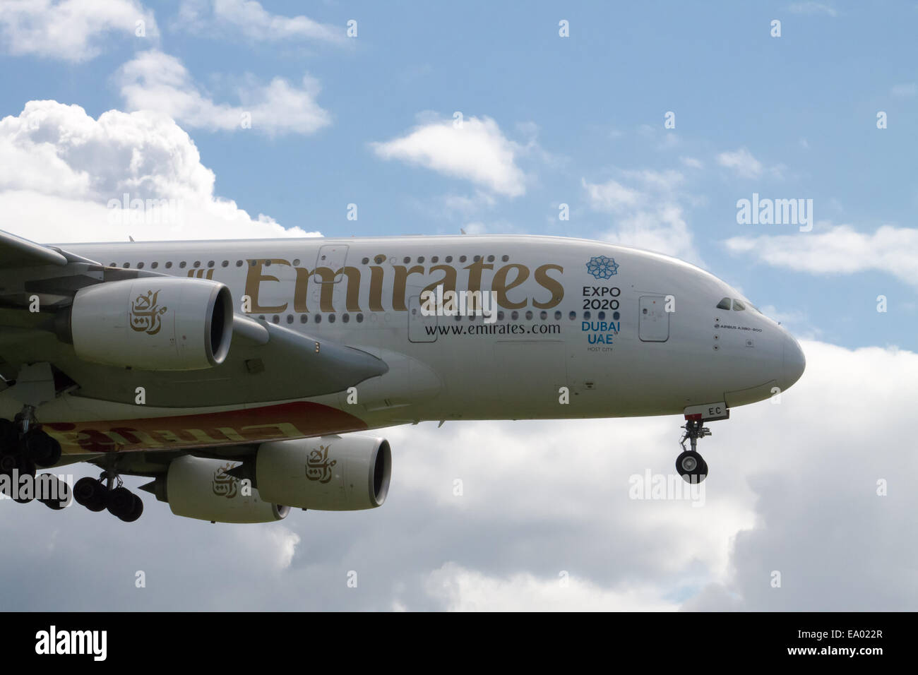 Emirates Airbus A380-800, landing to Manchester International Airport. Stock Photo