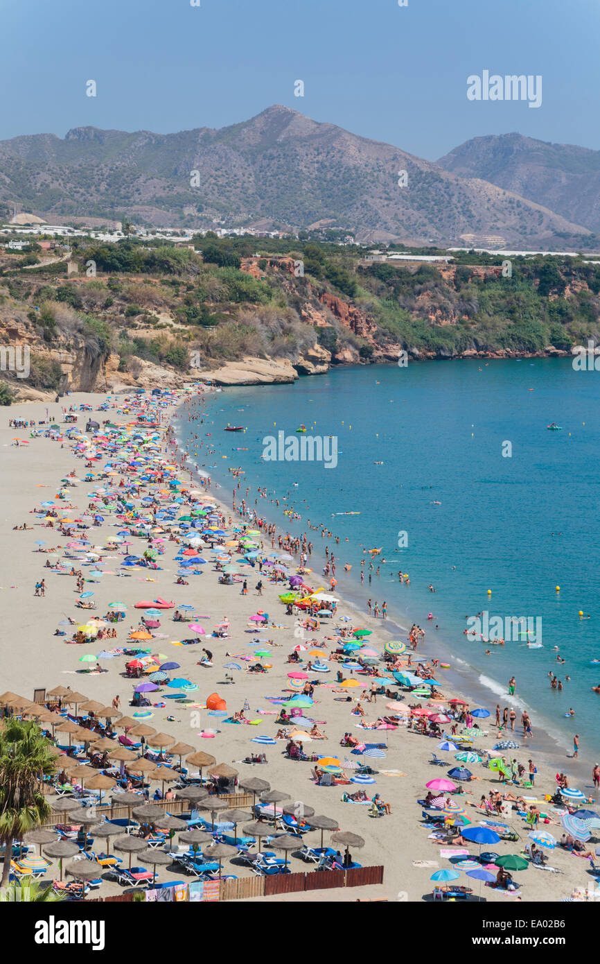 Nerja, Costa del Sol, Malaga Province, Andalusia, southern Spain.  Burriana beach seen from gardens of the Parador Nacional. Stock Photo