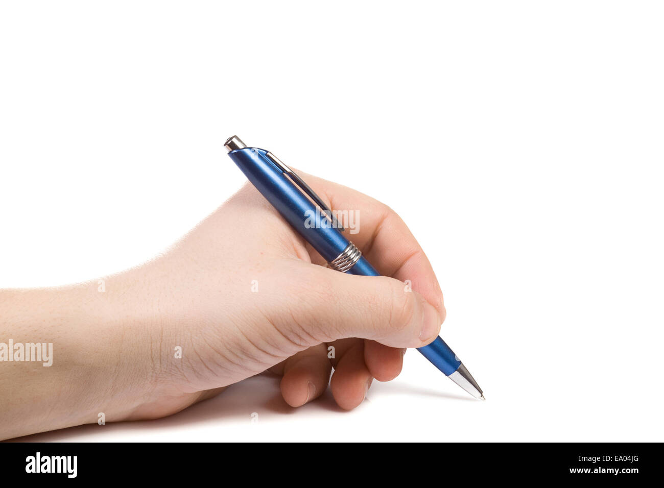 hand writing by blue pen Stock Photo
