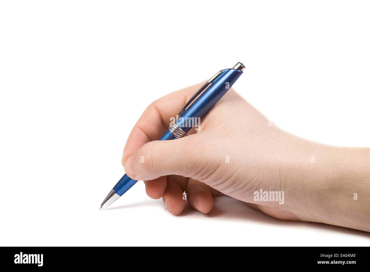 isolated hand holding blue pen Stock Photo