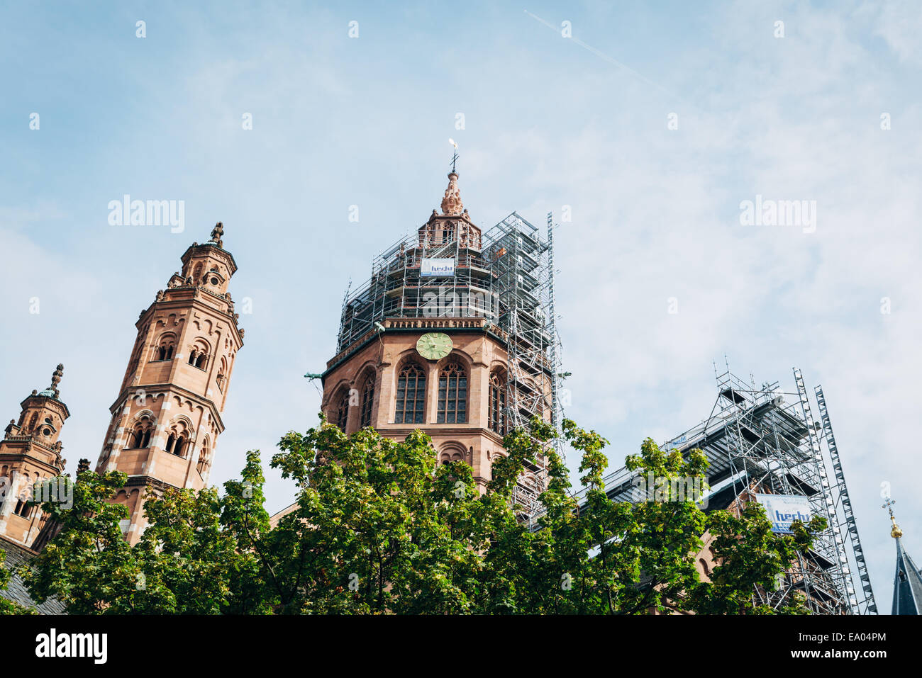A view to the Mainz Cathedral with falseworks on it Stock Photo