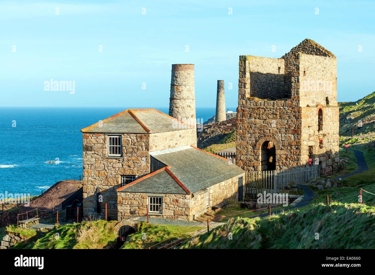 The restored Levant Tin Mine on the coast at Pendeen in Cornwall, UK Stock Photo