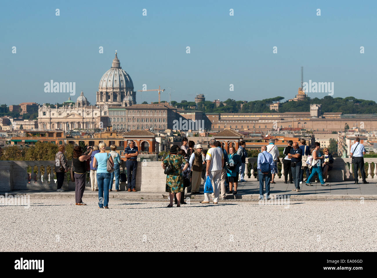 Tourists in the panoramic terrace of Pincio, in the background Saint Peter's Church, Rome, Italy Stock Photo