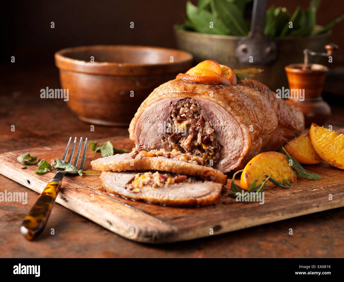 Christmas dinner Free range boneless duck with pork cranberry & morello cherry stuffing apricots oranges sage and bay leaves Stock Photo