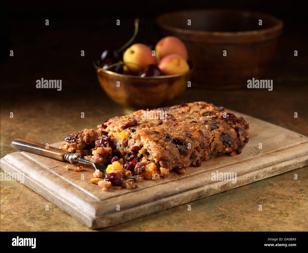 Festive Christmas ingredients of pork & morello cherry stuffing with cherries and peaches Stock Photo