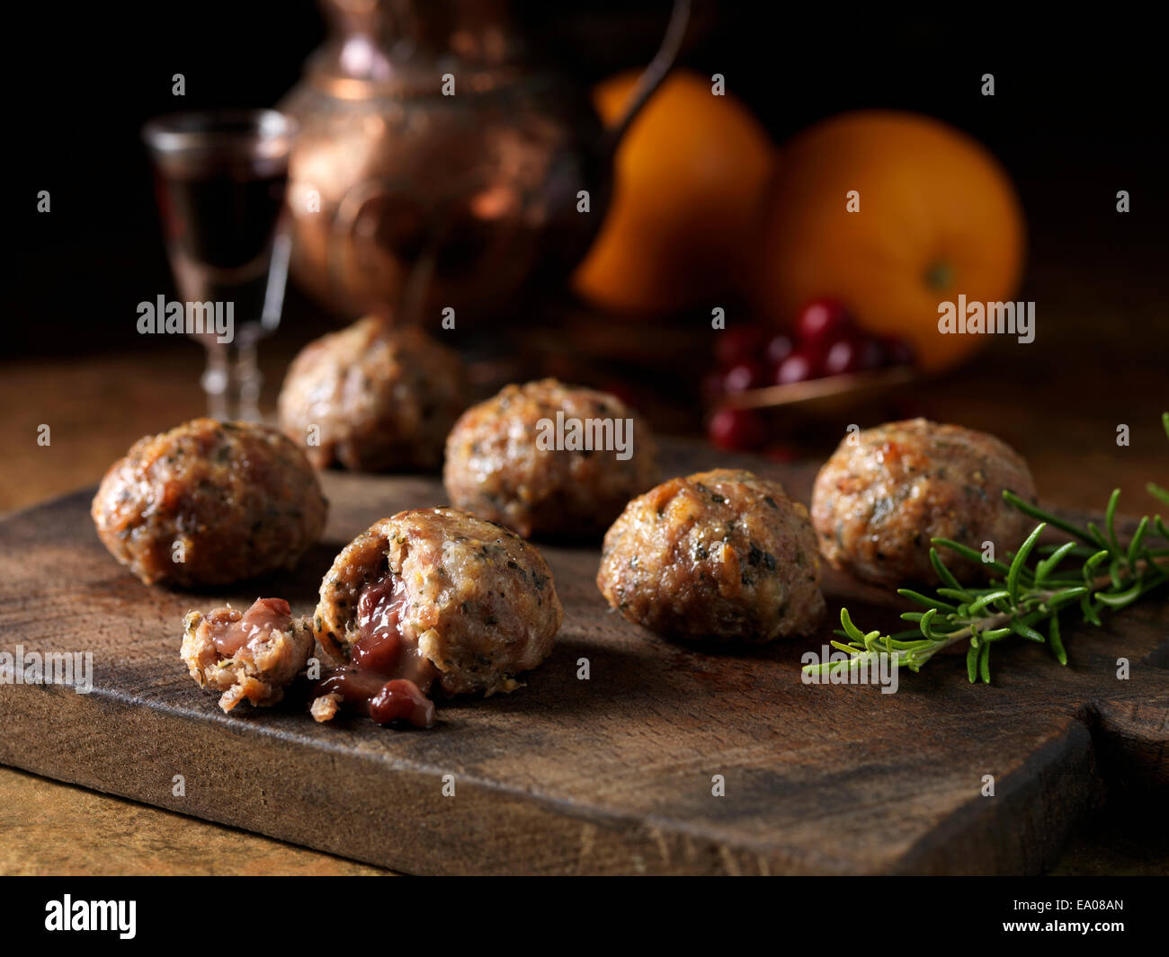 Christmas ingredients of pork orange rosemary stuffing balls with port