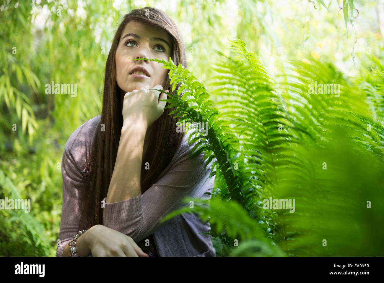 Woman kneeling by fern Stock Photo
