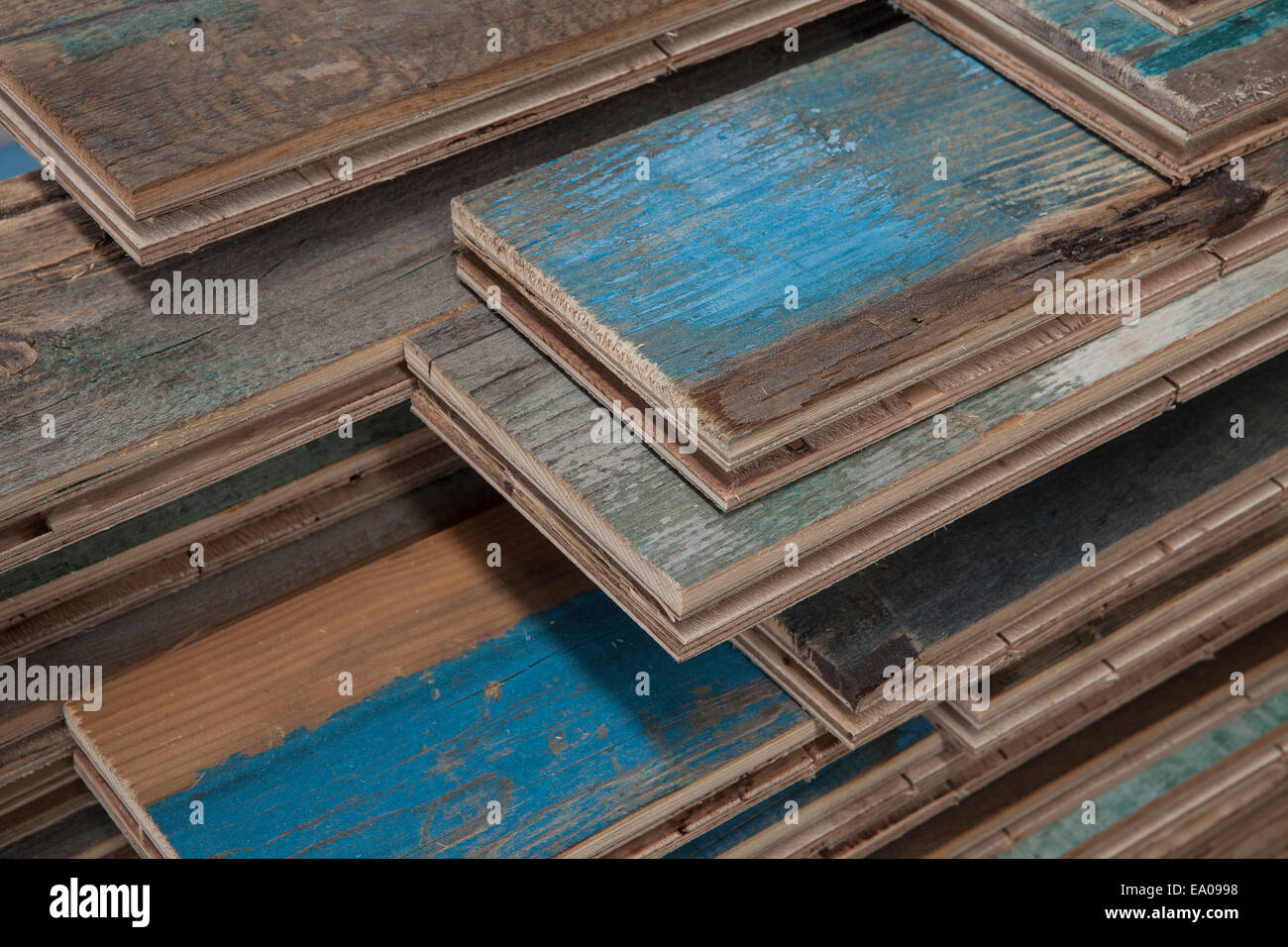 Stacks of treated wood flooring in factory, Jiangsu, China Stock Photo