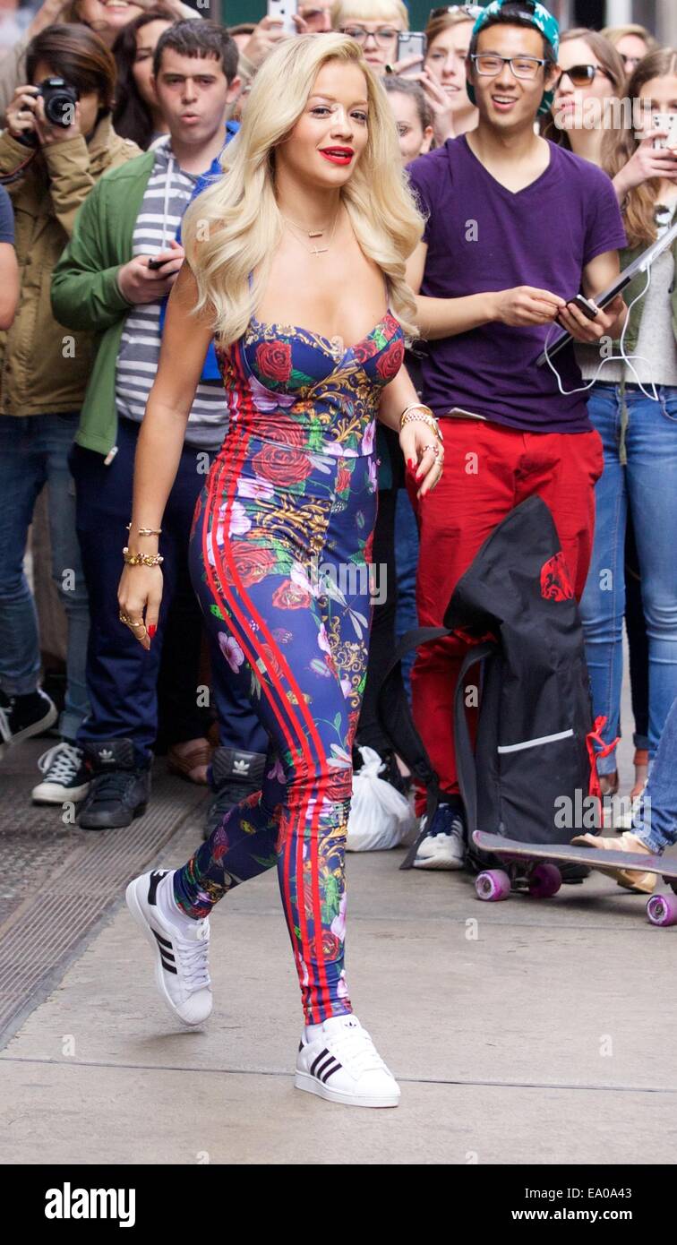 Rita Ora spotted in Soho Adidas sneakers and a wild printed jumpsuit Featuring: Ora Where: New York City, New United States When: 02 May 2014 Photo - Alamy