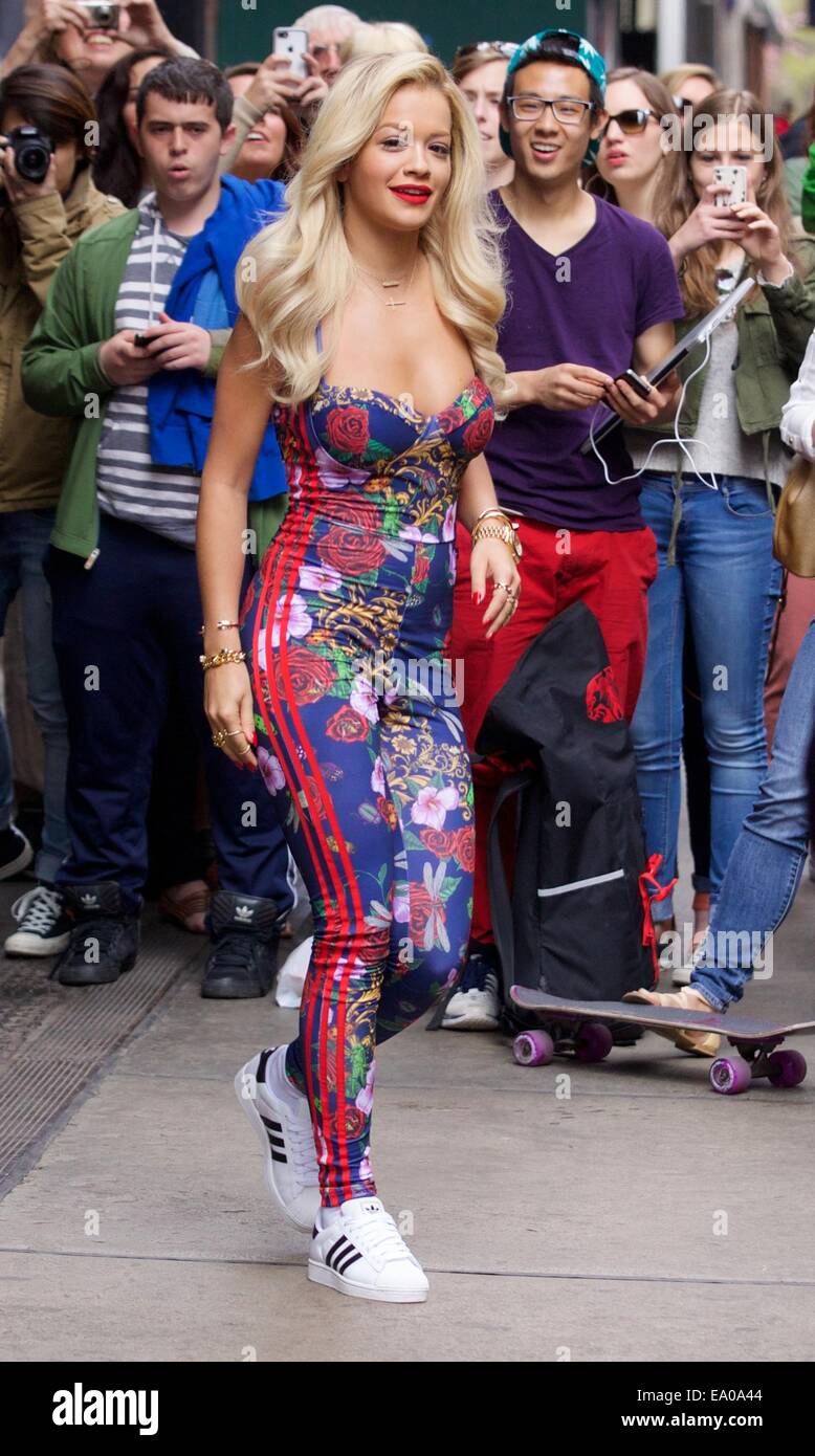 Rita Ora spotted in Soho wearing Adidas sneakers and a wild printed  jumpsuit Featuring: Rita Ora Where: New York City, New York, United States  When: 02 May 2014 Stock Photo - Alamy