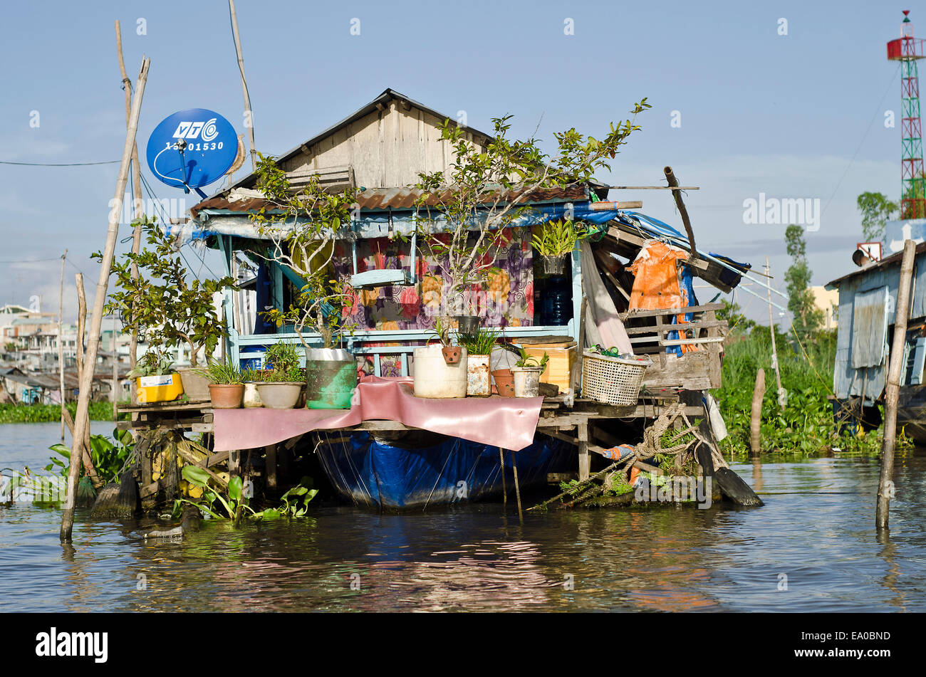 A boat house in Chau Doc ,Mekong Delta,Vietnam Stock Photo