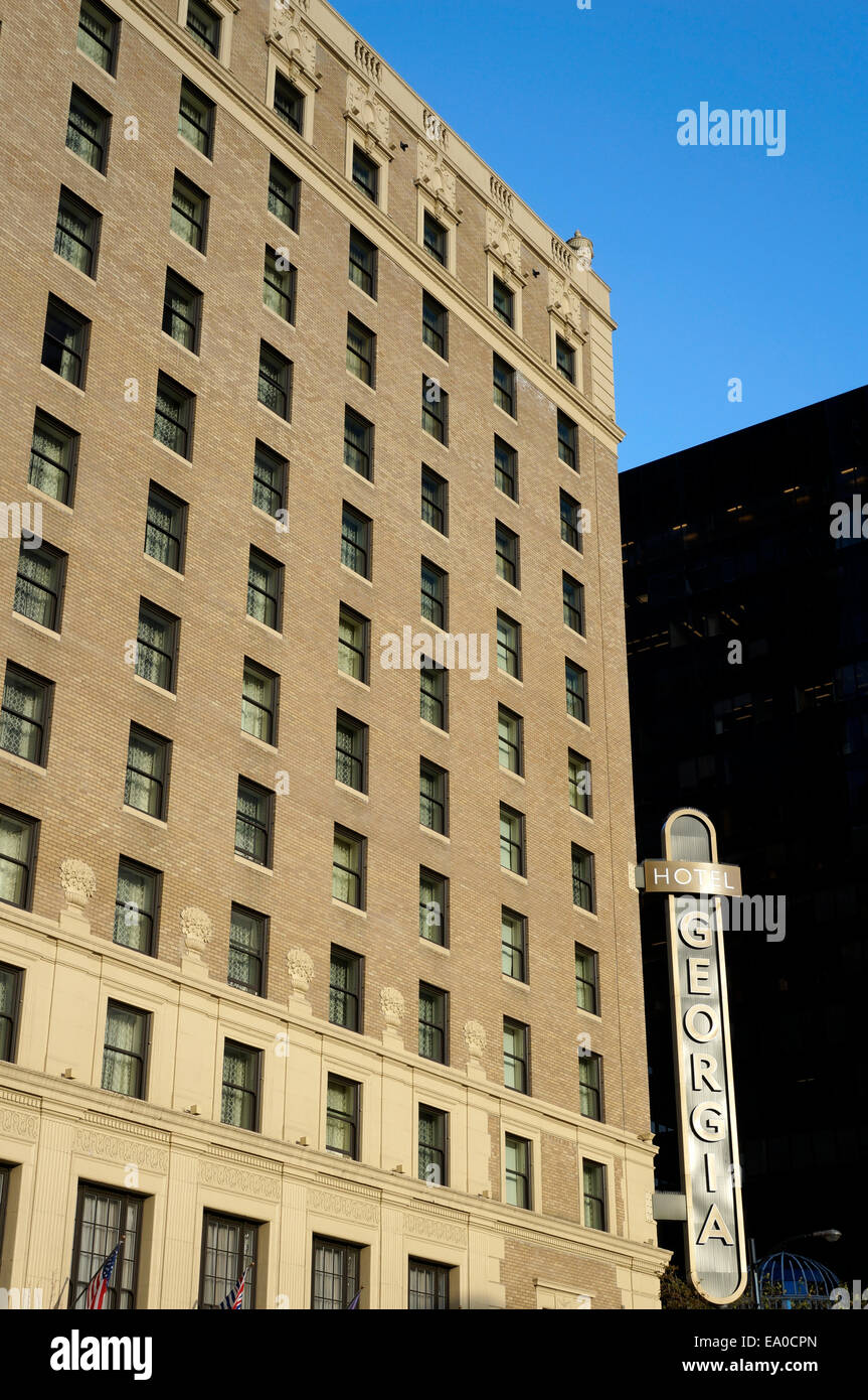 Brick facade of the Rosewood Hotel Georgia in downtown Vancouver