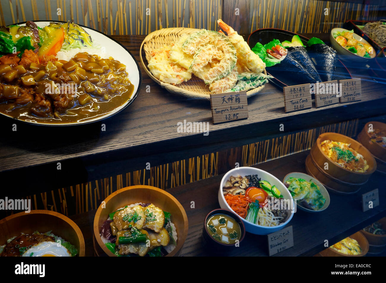 Japanese dishes displayed in the window of a restaurant, Vancouver, British Columbia, Canada Stock Photo
