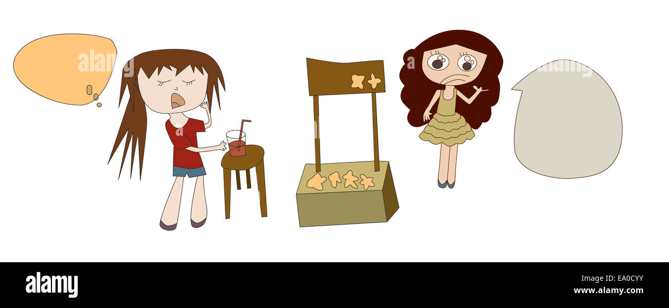 Illustration of girl buying sweet food and drink at sweet food stand Stock Photo