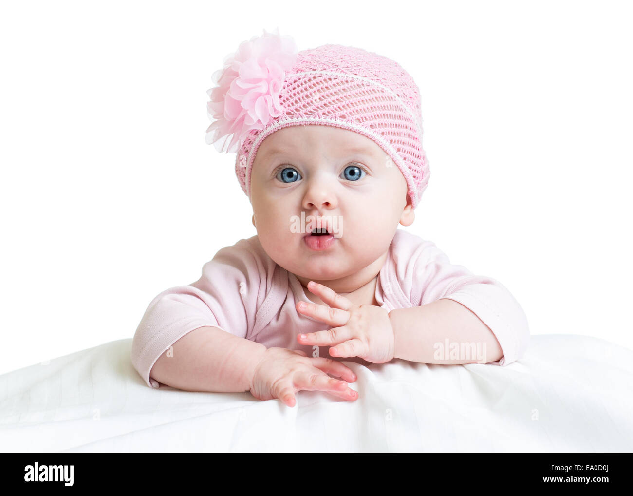 baby girl in pink knitted hat Stock Photo