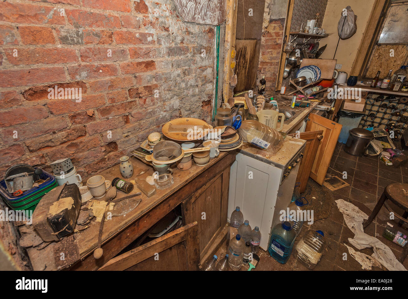 The shambles of kitchen in an abandoned and derelict house in Lincolnshire Stock Photo