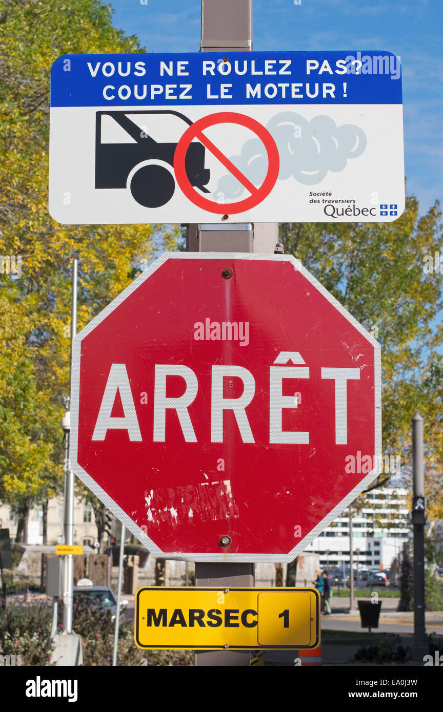 Anti pollution road sign in Quebec City, Quebec, Canada. If stopped cut the engine. Stock Photo