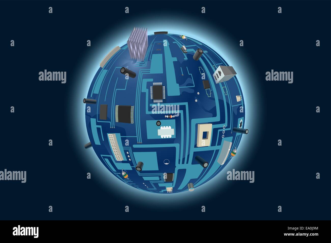 vector conceptual illustration of globe made of computer motherboard Stock Vector