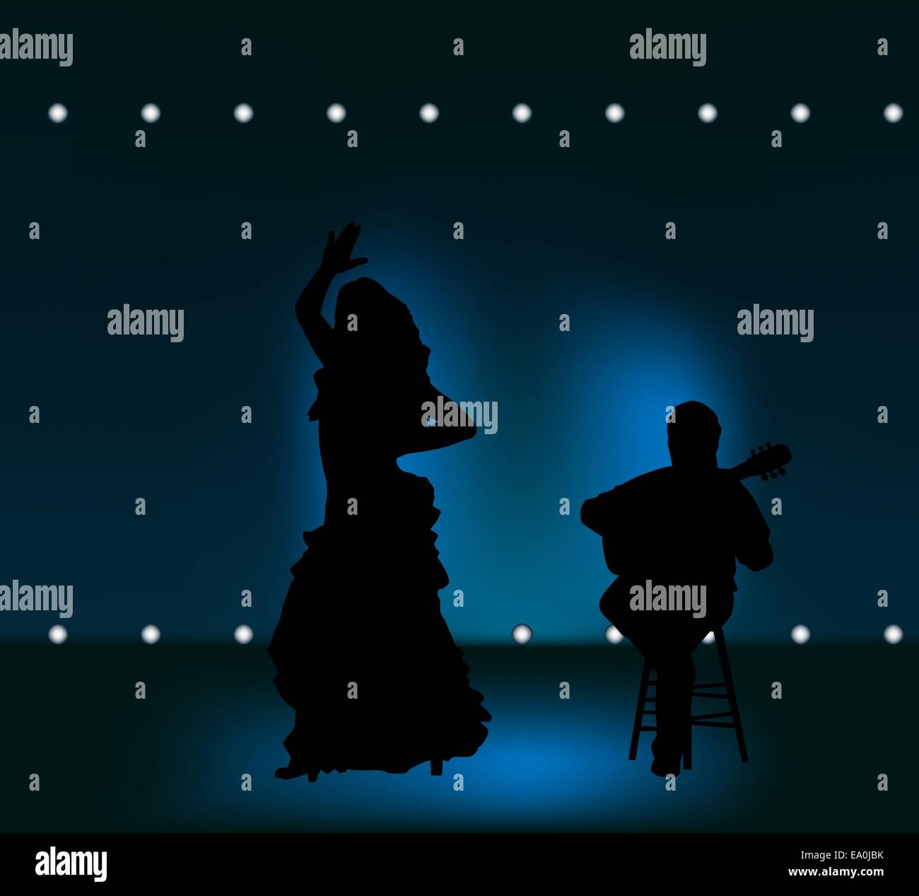 man and woman performing flamenco on stage Stock Vector