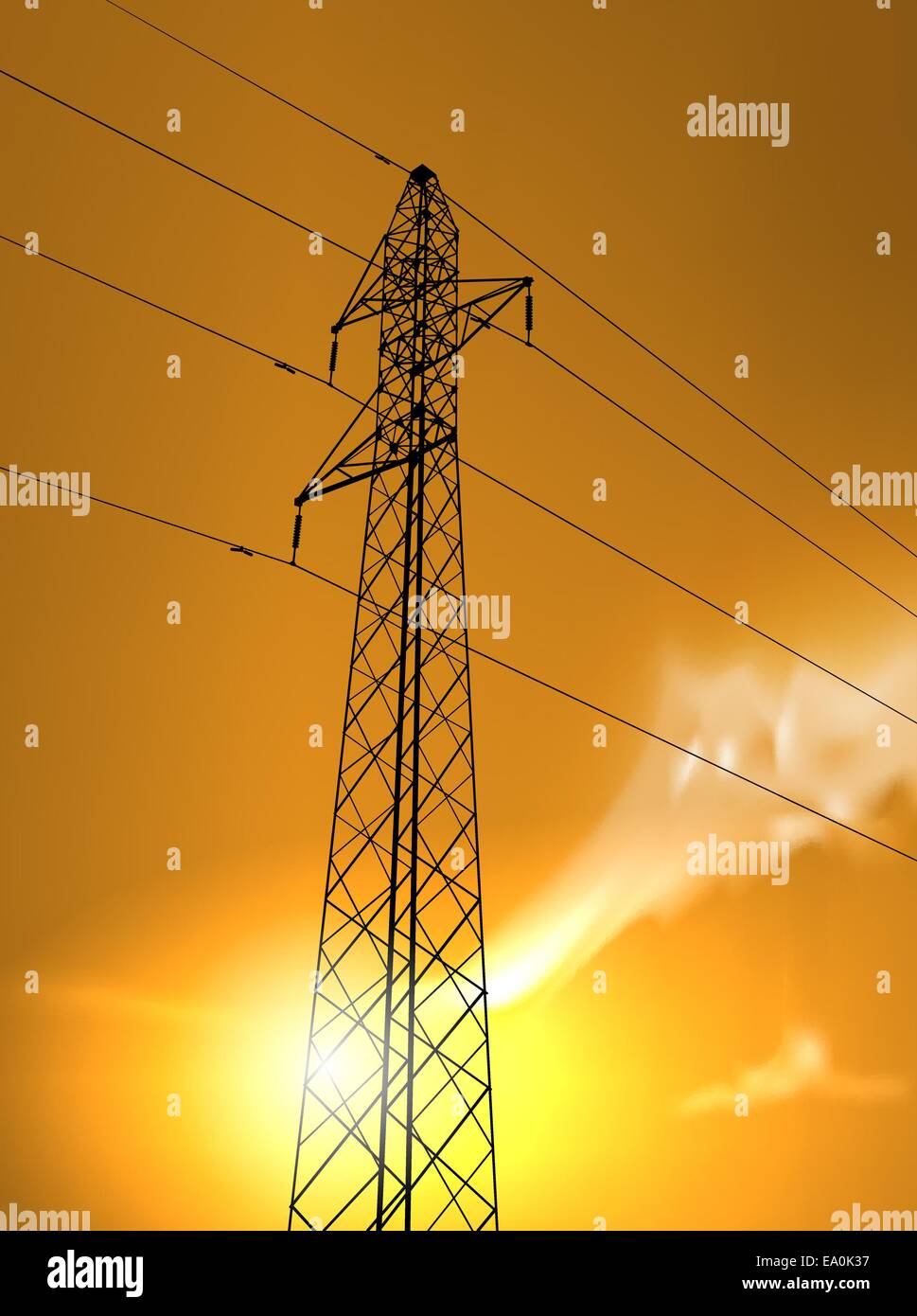 vector high voltage tower in the sunset, eps10 file, gradient mesh and transparency used Stock Vector
