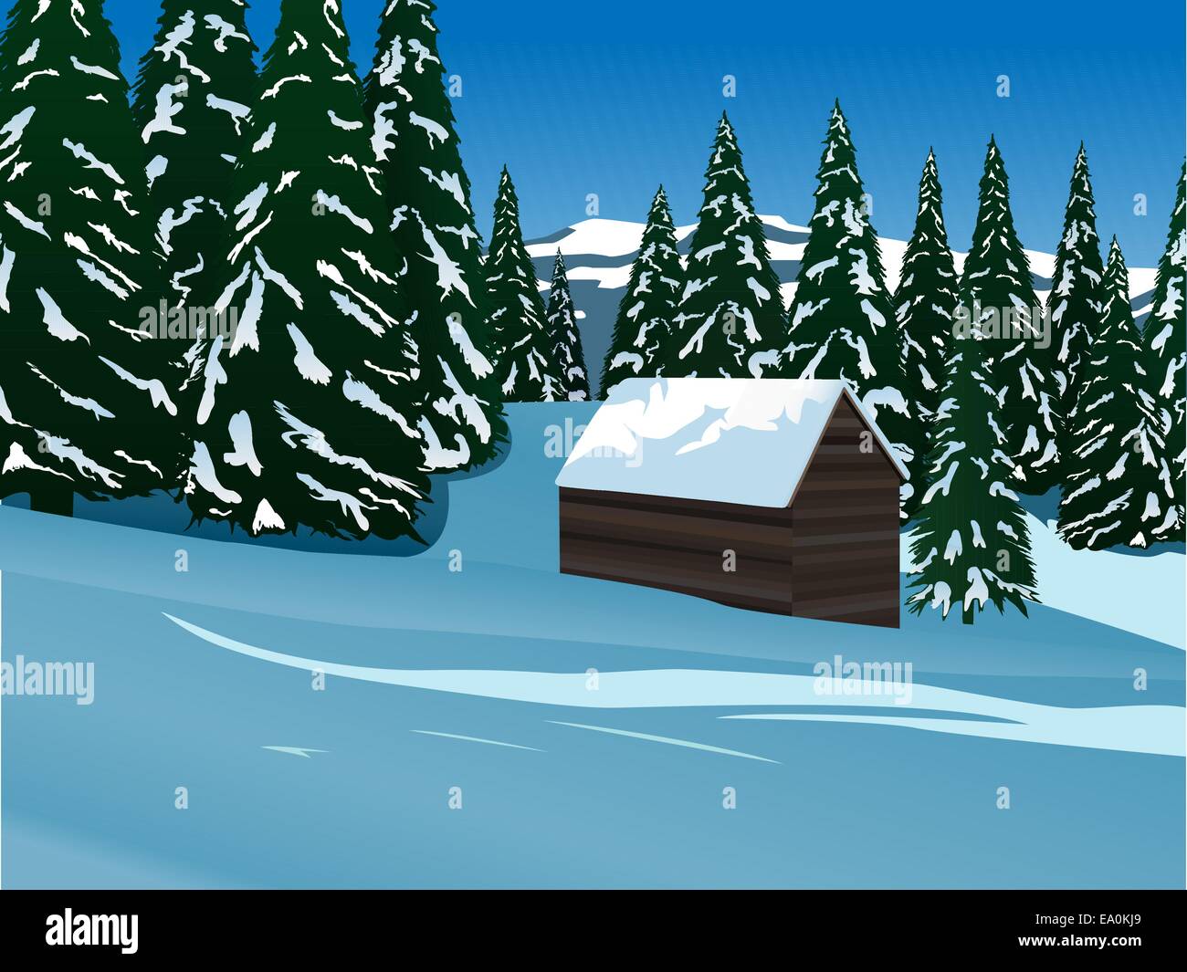 vector vintage wooden mountain cottage among pine trees AI8 file Stock Vector