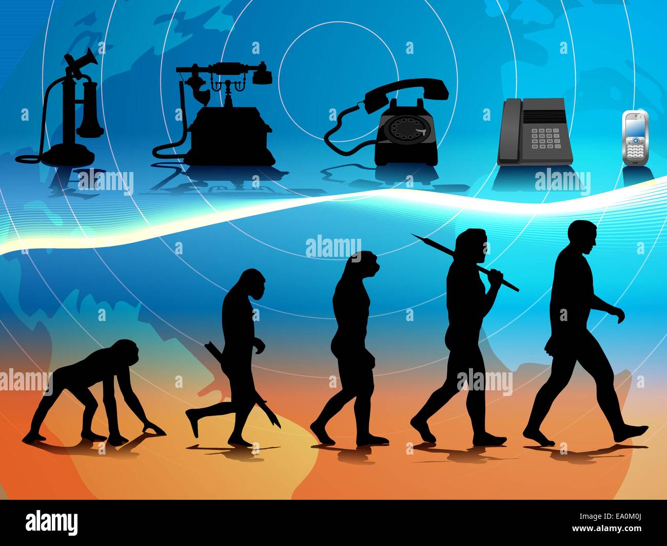 vector conceptual illustration comparing human and phone evolution Stock Vector