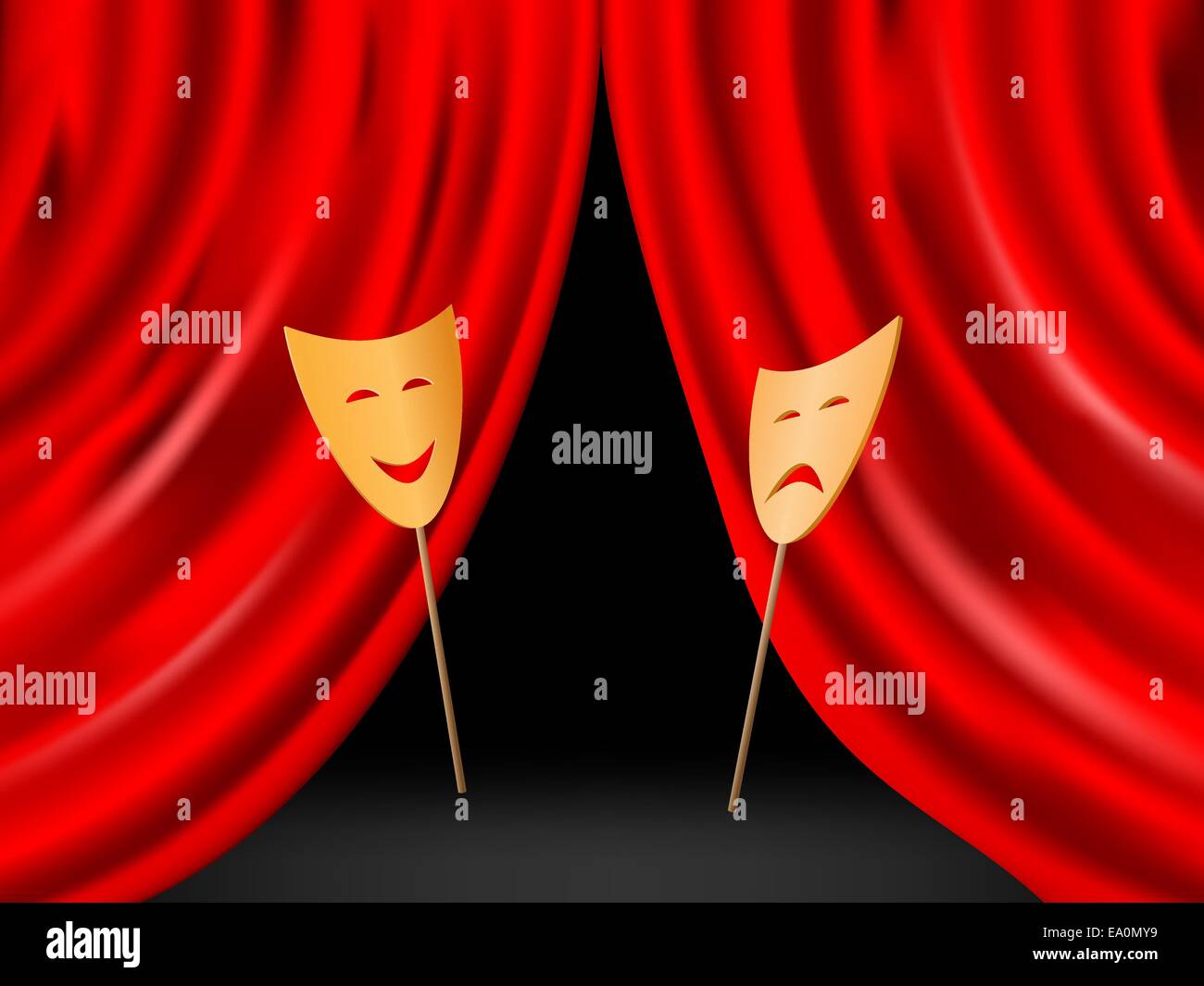 happy and sad mask in front of theater curtains Stock Vector