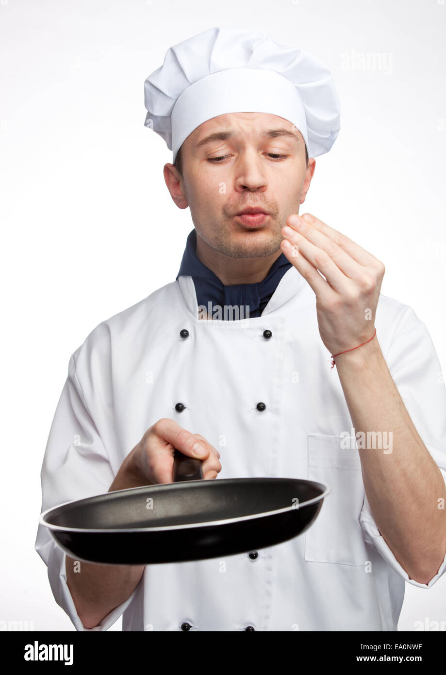 chef with pan in uniform Stock Photo